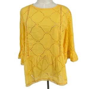 LOFT Petite XXS Yellow Eyelet Peasant Boho Blouse Top Embroidered 3/4 Sleeve